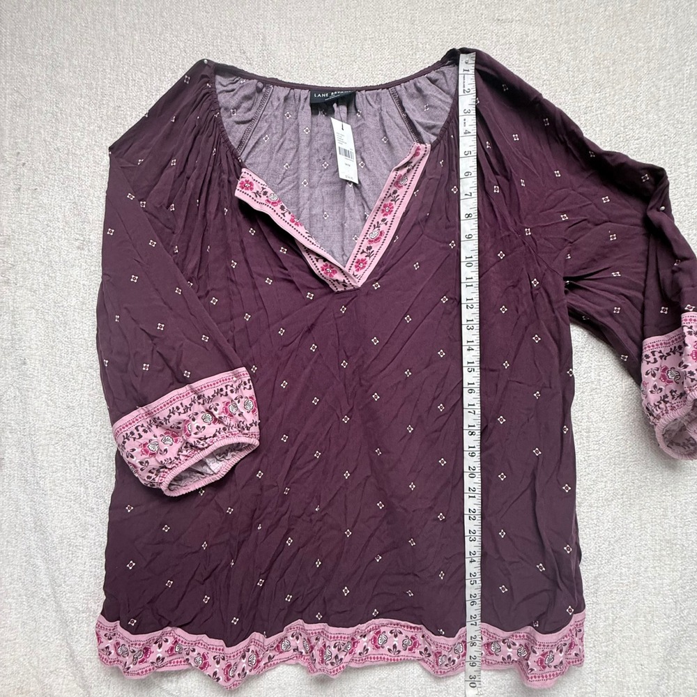 Lane Bryant Plum Purple Floral Border Print Split Neck Rayon Blouse 14/16 NWT